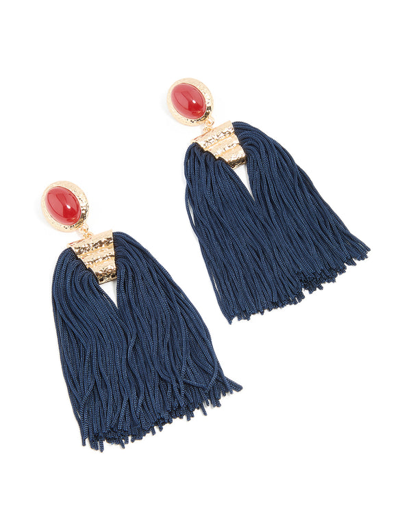 Gold Red Stone & Dark Blue Tassel Earrings