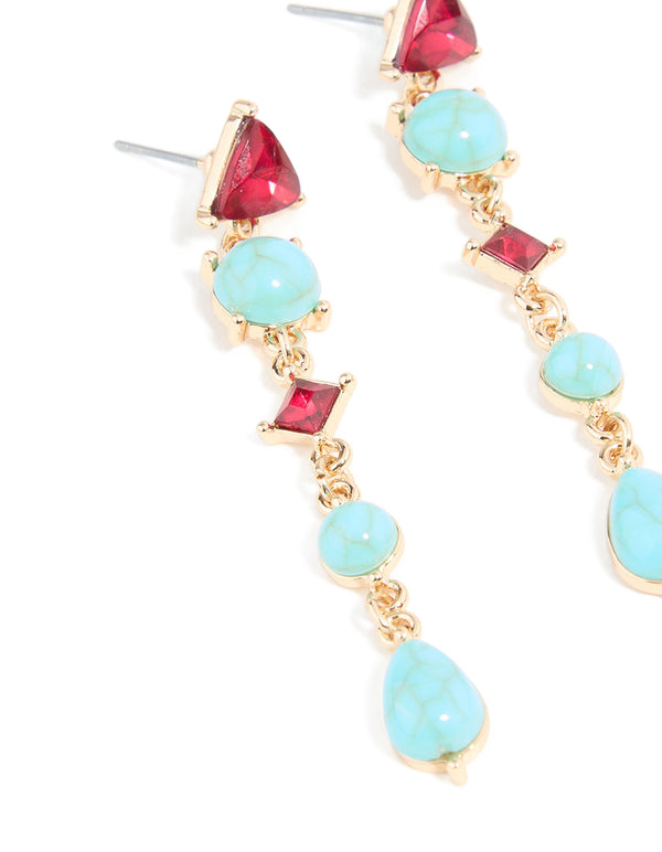 Gold Blue Stone & Red Diamante Aztec Triangle Drop Earrings