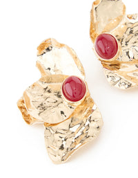 Gold Textured Flower Red Bead Stud Earrings - link has visual effect only