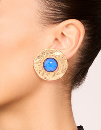 Gold Blue Stone Textured Large Stud Earrings - link has visual effect only