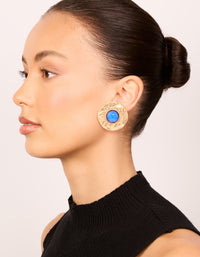 Gold Blue Stone Textured Large Stud Earrings - link has visual effect only