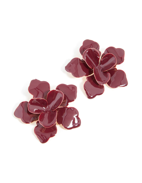 Gold Red Large Flower Stud Earrings