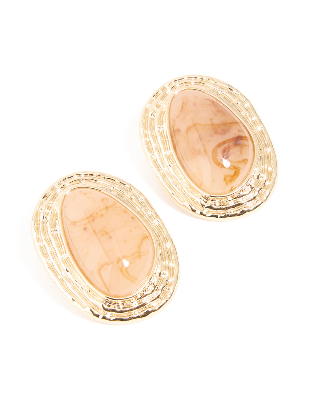 Gold Pink Marbles Stone Textured Oval Stud Earrings