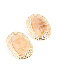 Gold Pink Marbles Stone Textured Oval Stud Earrings - link has visual effect only