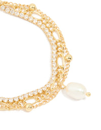 Gold Plated Freshwater Pearl Diamante Layered Chain Bracelet - link has visual effect only