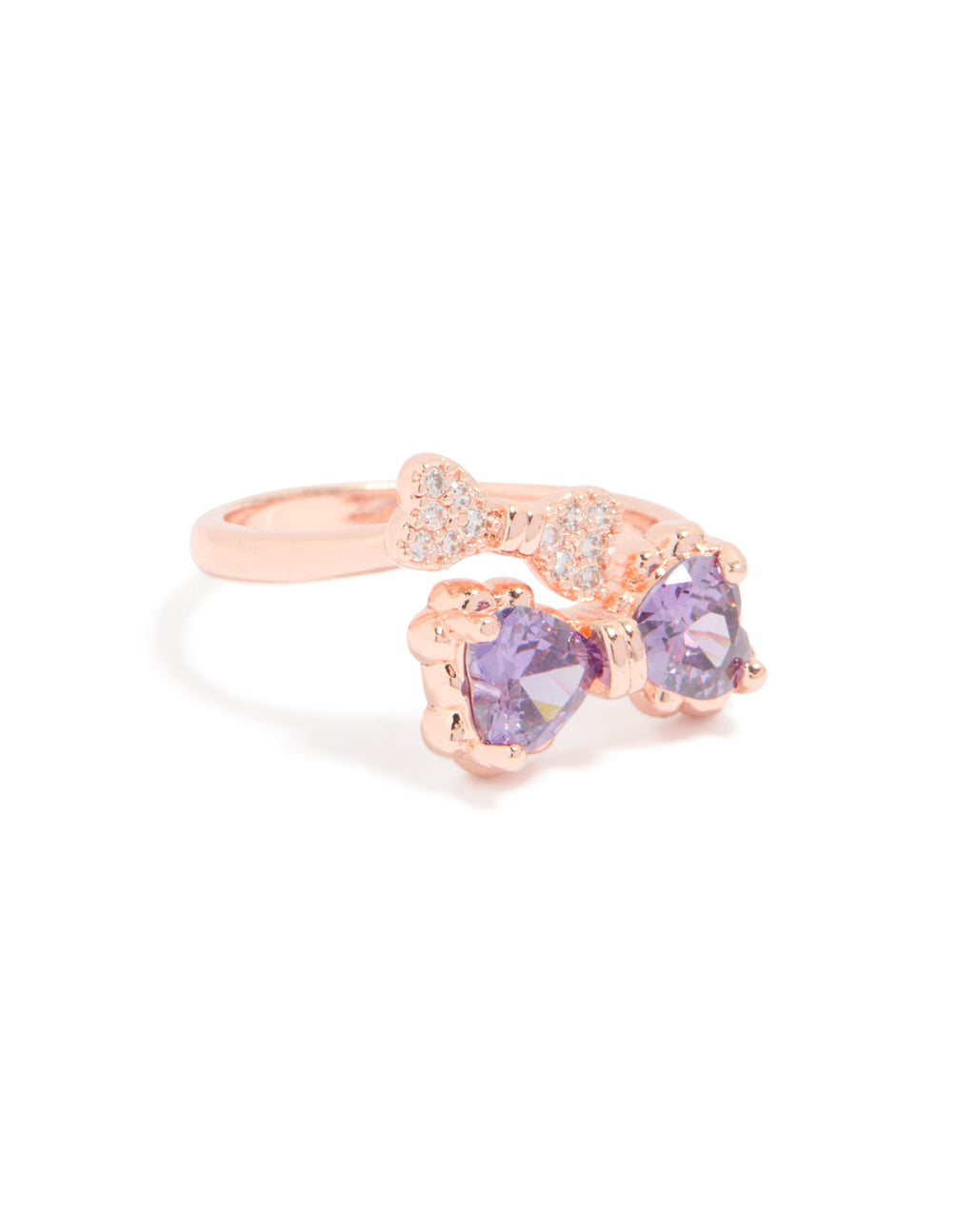 Featuring a rose gold cubic zirconia dainty bow ring with heart design front view