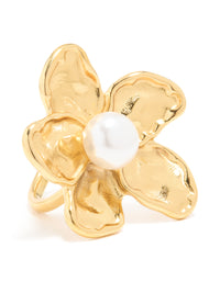 Waterproof Gold Plated Stainless Steel Large Flower Pearl Ring - link has visual effect only