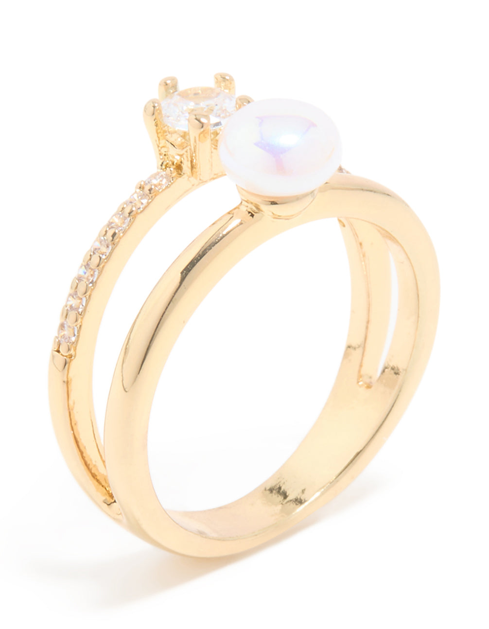 Gold Plated Cubic Zirconia & Pearl Open Stacked Ring
