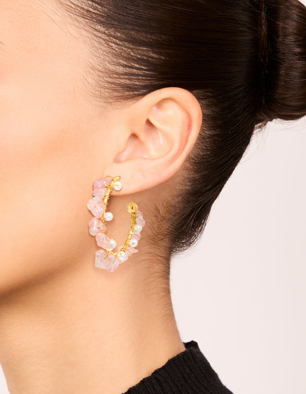Gold Plated Rose Quartz Pearl Hoop Earrings