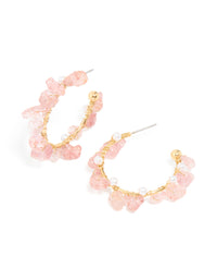 Gold Plated Rose Quartz Pearl Hoop Earrings - link has visual effect only