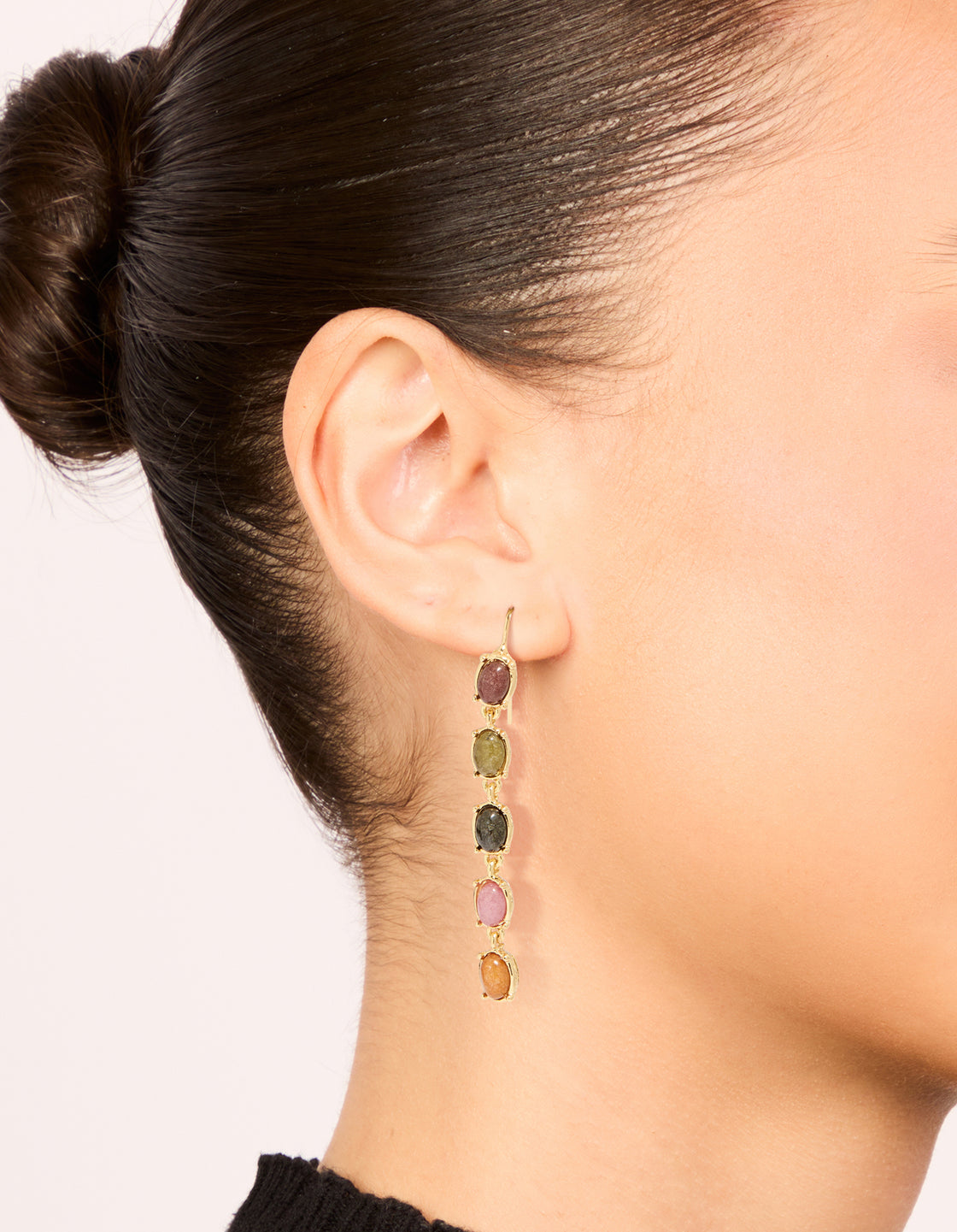 Gold Plated Oval Multicoloured Semi Precious Stone Hook Earrings