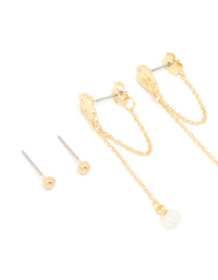 Gold Plated Pink Semi Precious Stone Pearl Stud & Chain Earrings 4-Pack - link has visual effect only