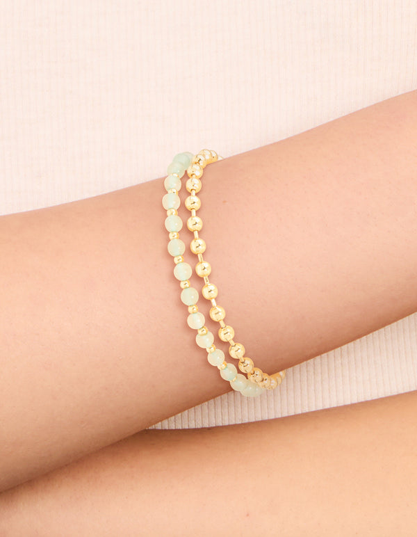 Gold Plated Green Semi Precious Stone Pearl & Ball Charm Layered Bracelet