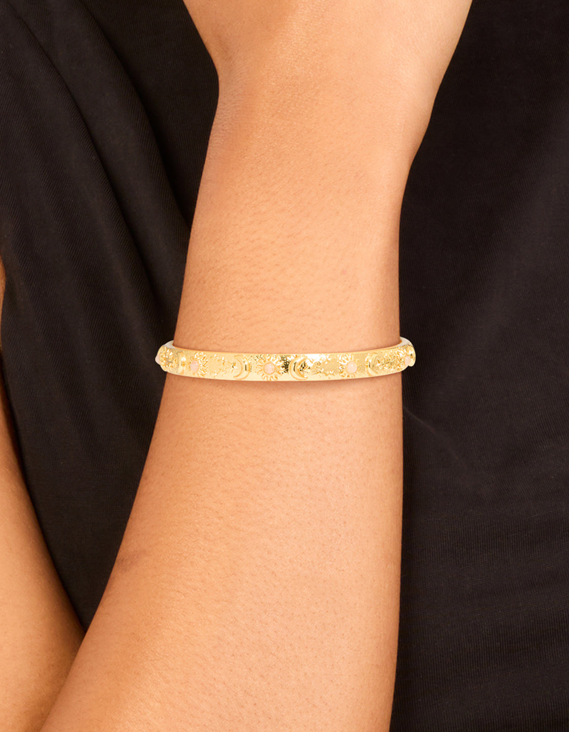 Gold Plated Rose Quartz Celestial Open Wrist Cuff
