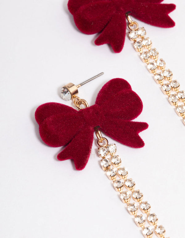 Gold Burgundy Velvet Bows & Diamante Cup Chain Drop Earrings