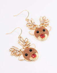 Gold Diamante Red Nosed Reindeer Drop Earrings - link has visual effect only
