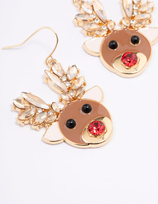 Gold Diamante Red Nosed Reindeer Drop Earrings