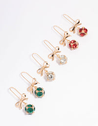 Gold Bow & Multicoloured Diamante Drop Earrings 3-Pack - link has visual effect only