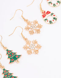 Gold Festive Tree & Wreath Earrings 3-Pack - link has visual effect only