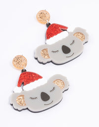 Grey Acrylic Koala With Santa Hat Drop Earrings - link has visual effect only