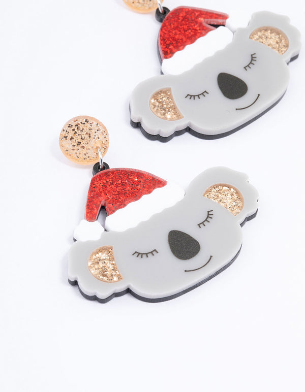Grey Acrylic Koala With Santa Hat Drop Earrings