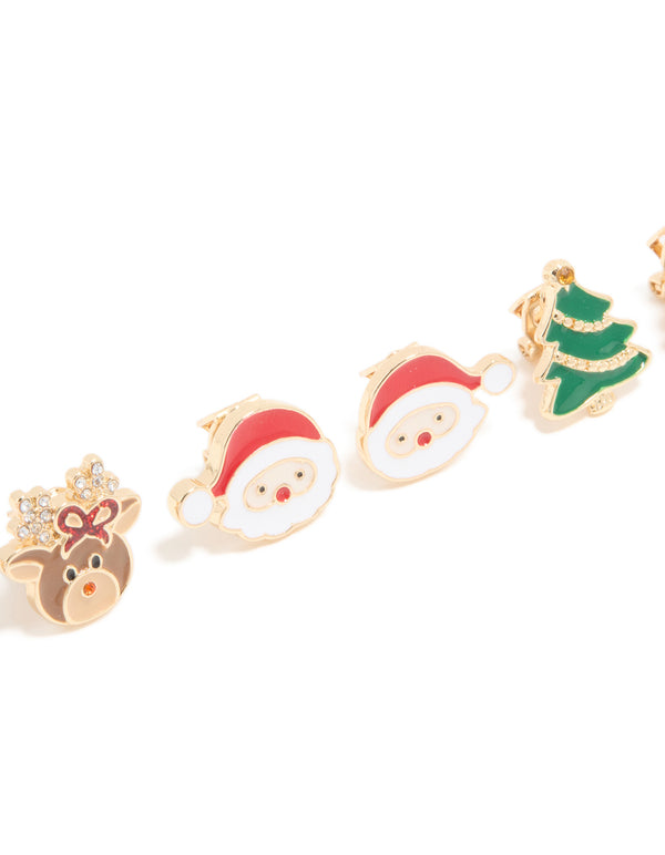 Santa Reindeer & Festive Tree Clip On Earrings 3-Pack