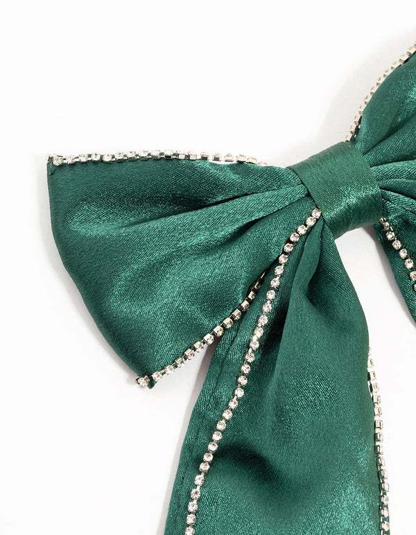 Green Fabric Diamante Cupchain Bow Hair Clip