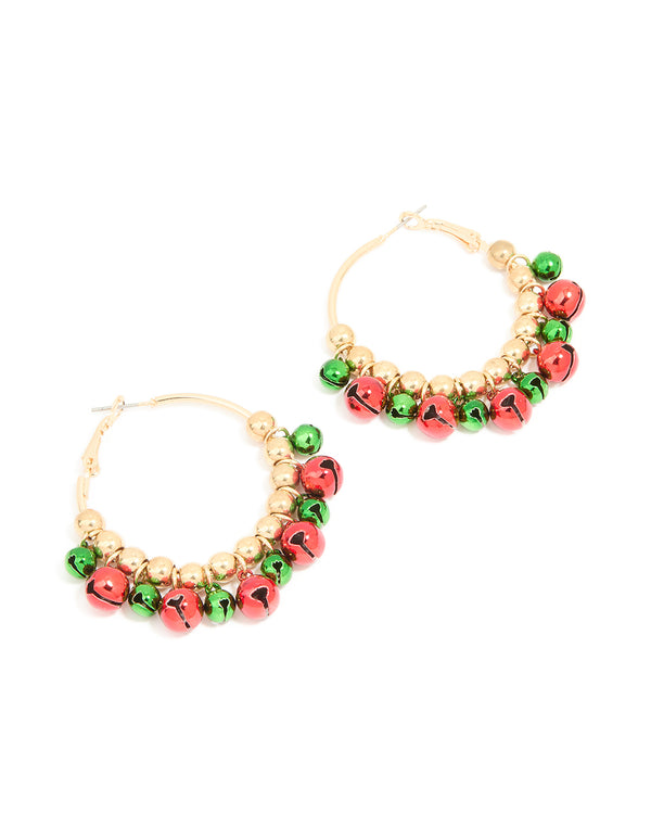 Gold Green & Red Bell Hoop Earrings