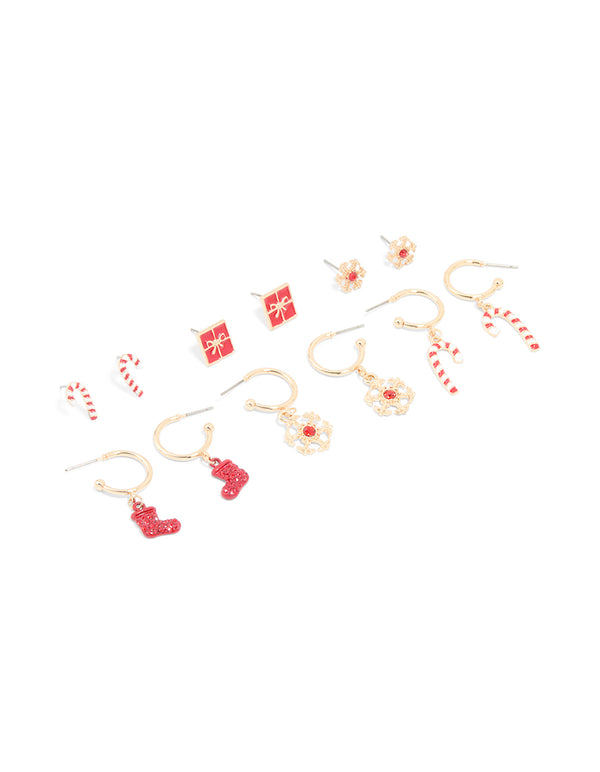 Gold Red Diamante Snowflake & Present Earrings 6-Pack