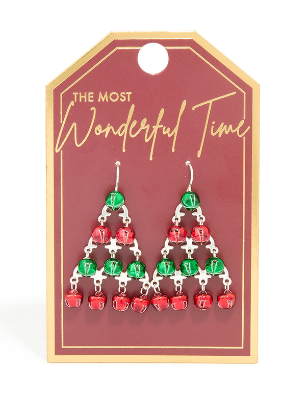 Silver Green & Red Bell Festive Tree Drop Earrings