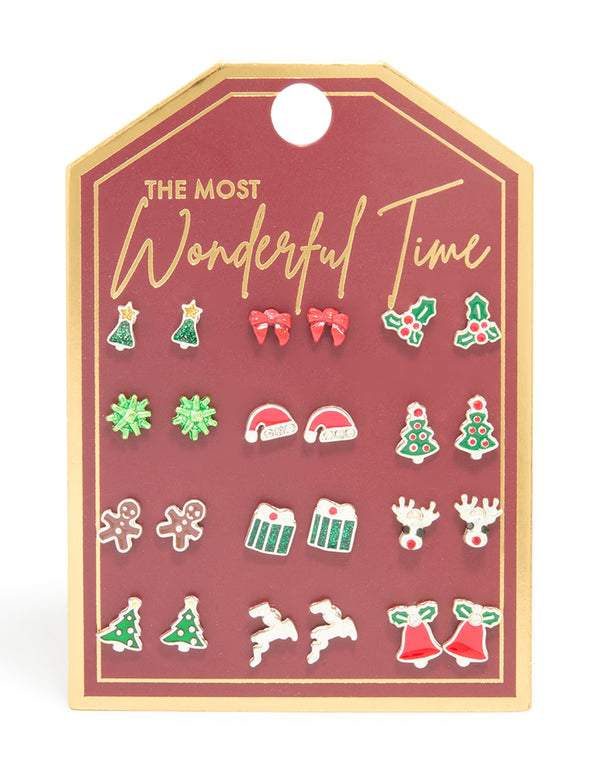 Silver Festive Tree & Bell Earrings 12-Pack