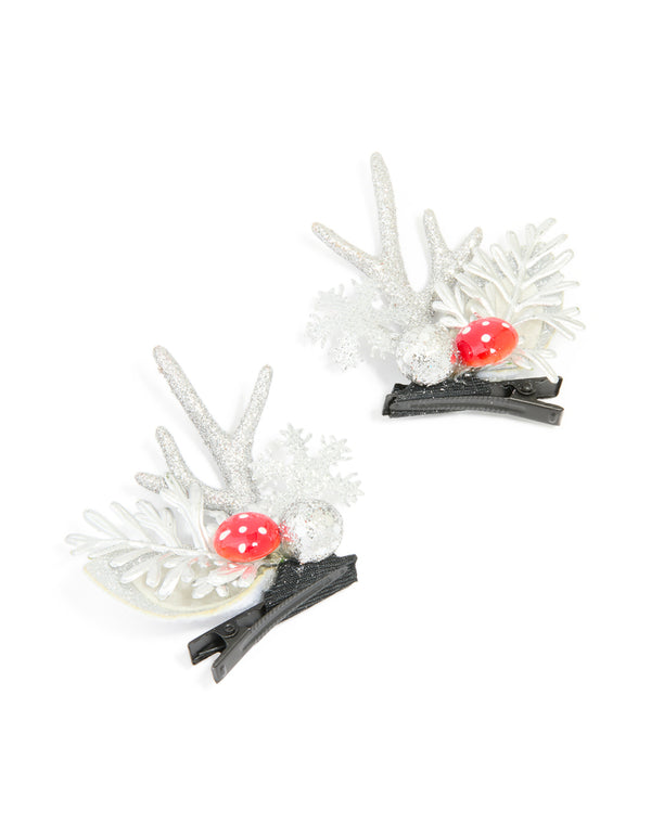 Silver Mushroom & Reindeer Hair Clips 2-Pack