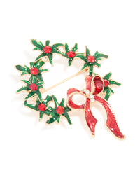Gold Holly Bow Wreath Brooch - link has visual effect only