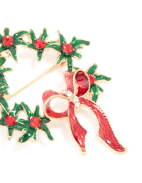 Gold Holly Bow Wreath Brooch - link has visual effect only