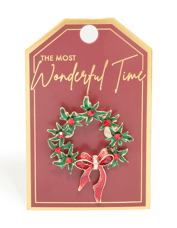 Gold Holly Bow Wreath Brooch