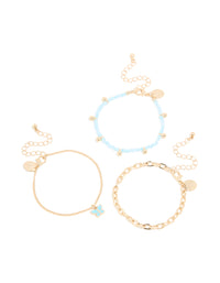 Gold Blue Beaded & Butterfly Charm Bracelets 3-Pack - link has visual effect only