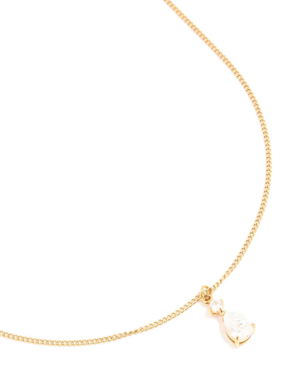 Beautifully crafted waterproof gold plated stainless steel cubic zirconia pear pendant necklace, crystal, and dainty style in gold close up view