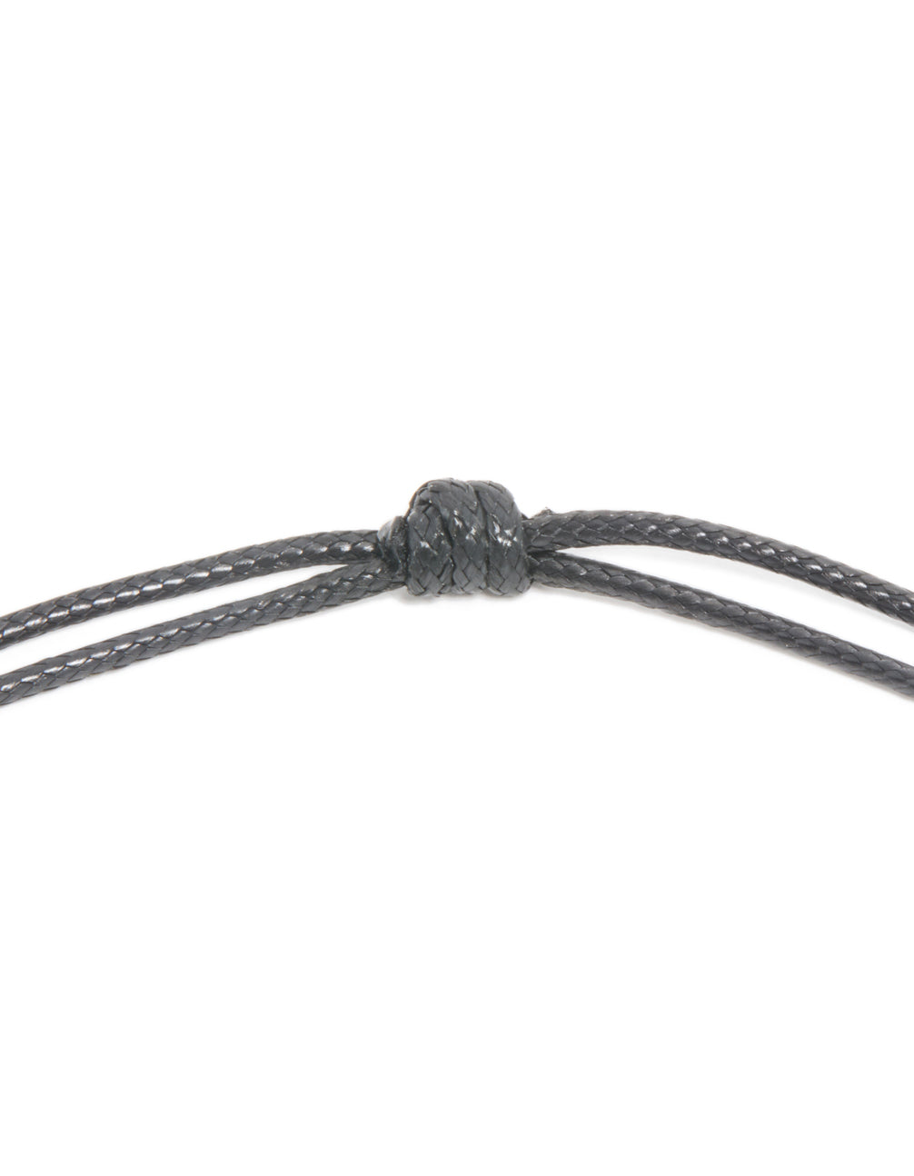 Highlighting a waterproof gold plated stainless steel large open pendant cord necklace with adjustable black knotted closure clasp detail view