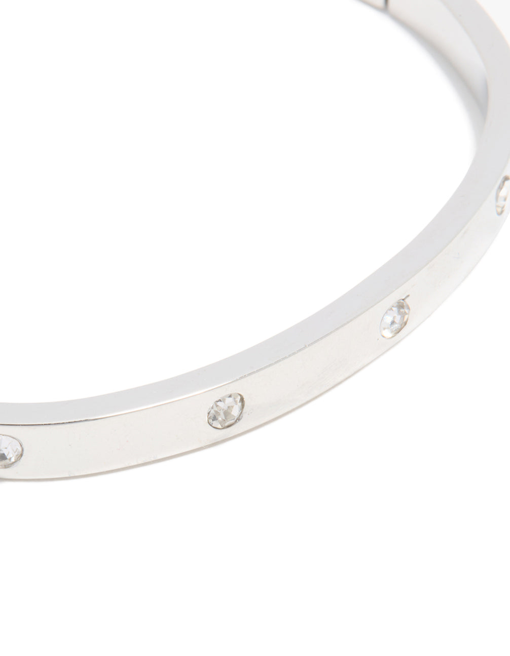 Crafted from waterproof stainless steel diamante hinged bangle in silver close up view