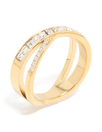 Waterproof Gold Plated Stainless Steel Diamante Cross Over Ring - link has visual effect only