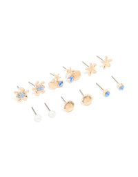 Kids Gold Blue Diamante Turtle & Starfish Stud Earrings 6-Pack - link has visual effect only