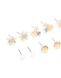 Kids Gold Blue Diamante Turtle & Starfish Stud Earrings 6-Pack - link has visual effect only