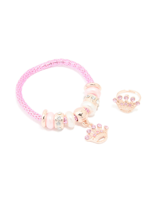Kids Pink Diamante Crown Stretch Bracelet & Ring Set
