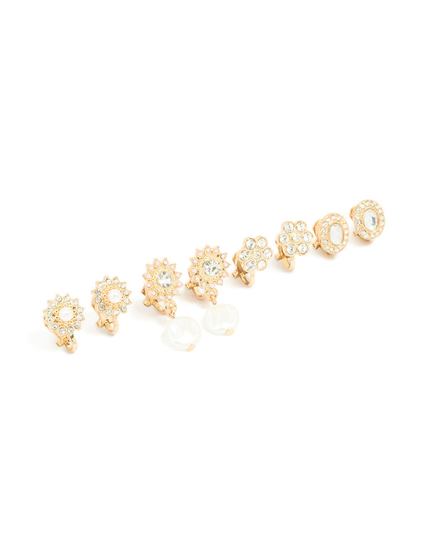 Gold Diamante Pearl Floral Clip On Earrings 4-Pack