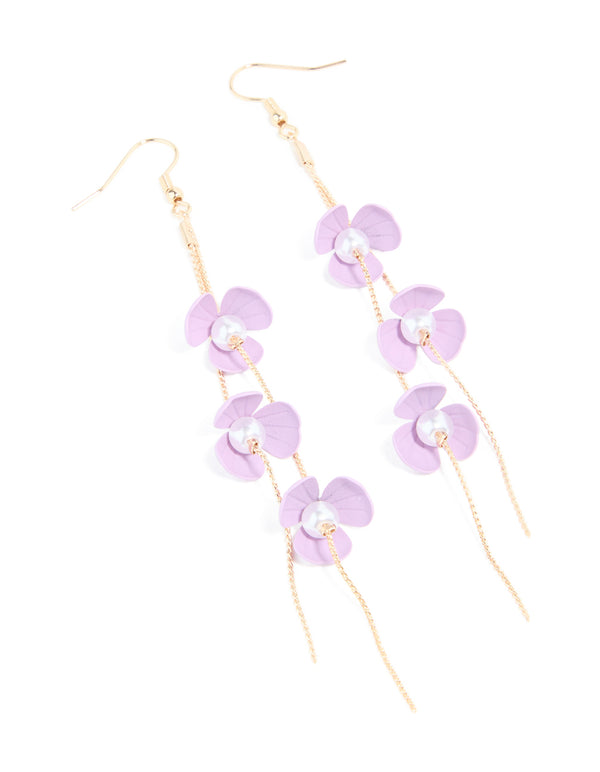 Gold Upside Down Purple Flower Chain Drop Earrings