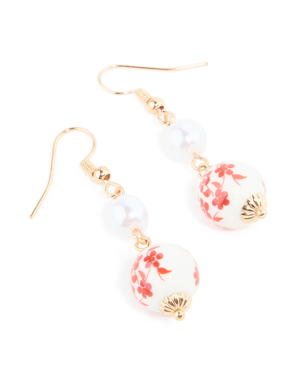 Gold Pearl Red & White China Painted Drop Earrings