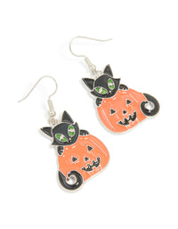 Silver Black Cat & Pumpkin Drop Earrings - link has visual effect only