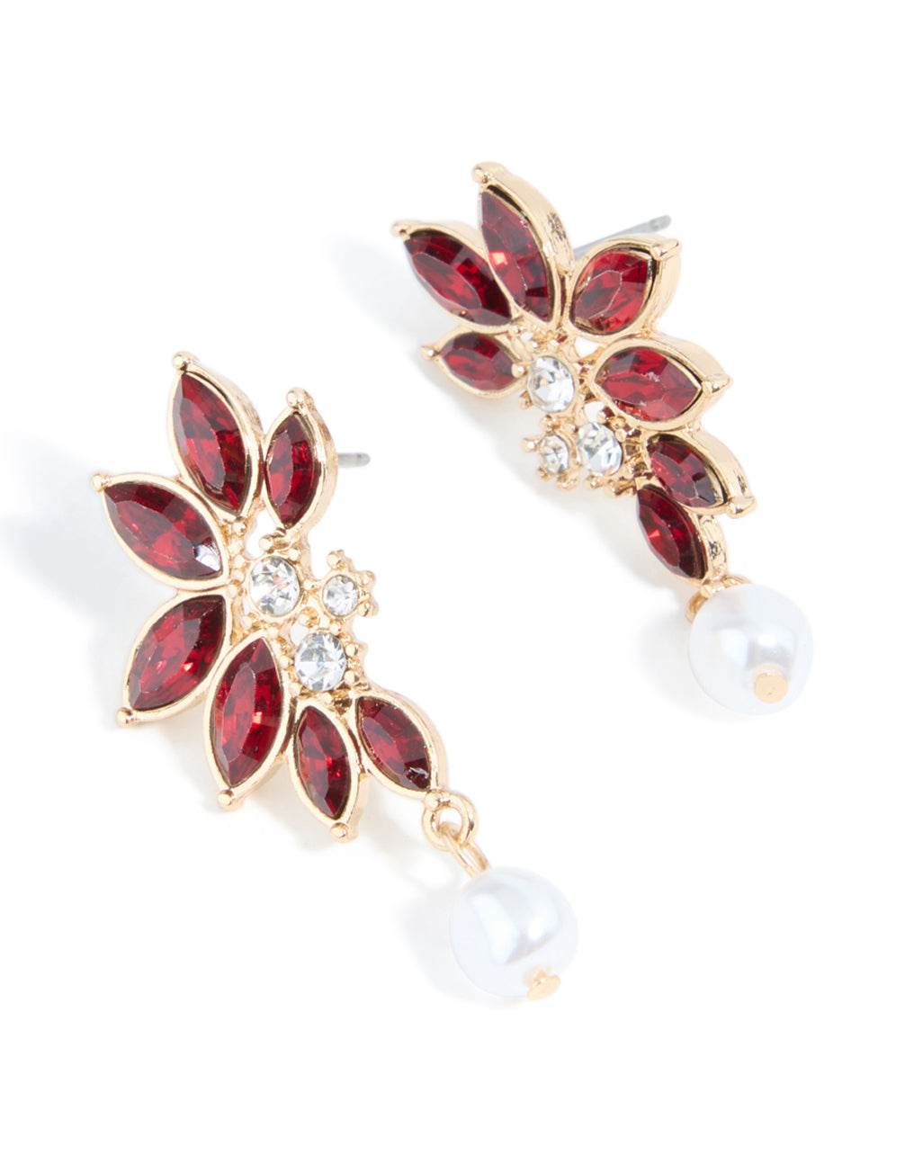 Gold Red Diamante Pearl Marquise Stud Earrings