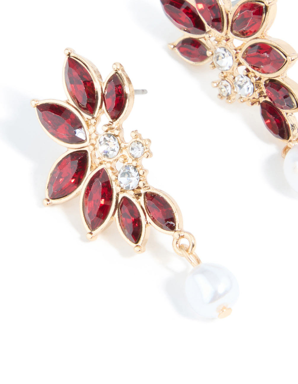 Gold Red Diamante Pearl Marquise Stud Earrings