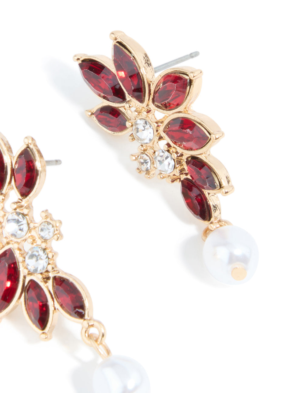 Gold Red Diamante Pearl Marquise Stud Earrings